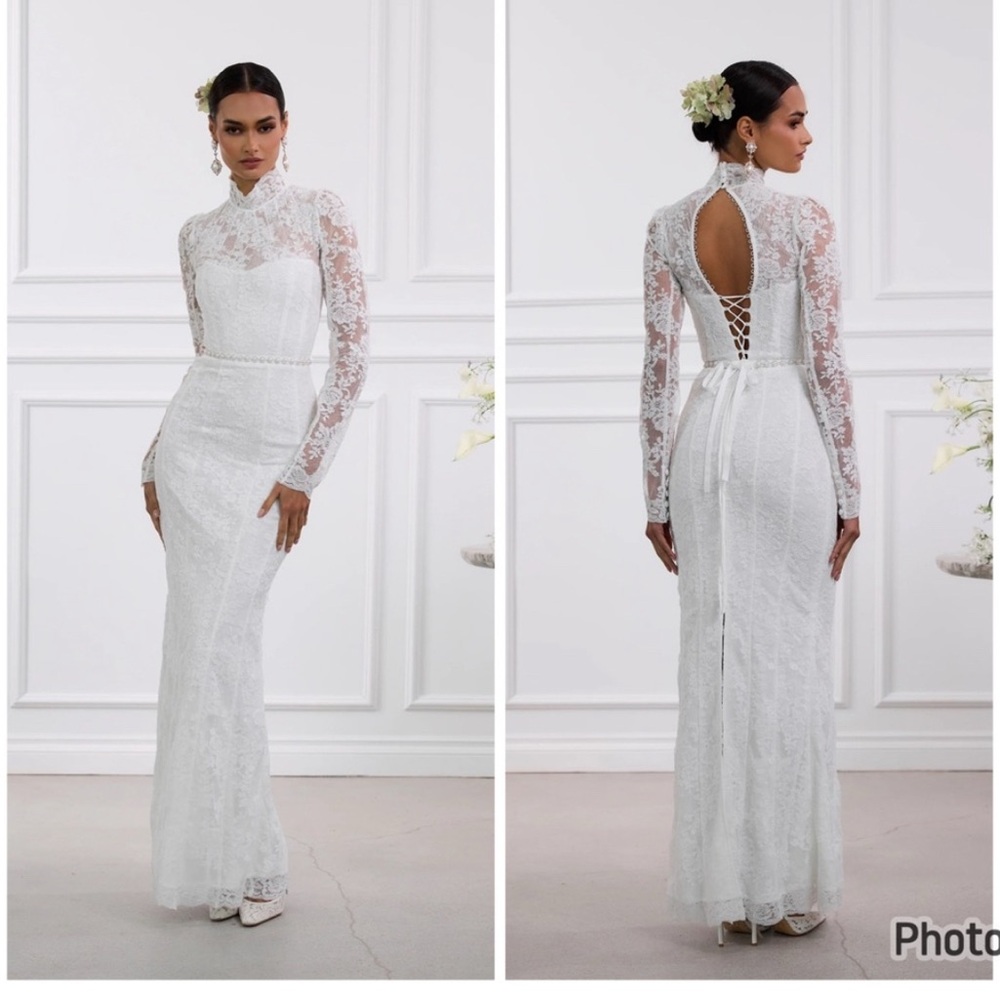 V Chapman Jules Turtleneck Lace Maxi Dress White Bride Wedding Sz 10 Read‎ Desc.